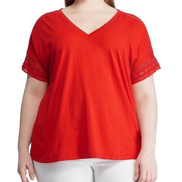 Ralph Lauren Plus Size V-Neck Lace Trim Top - Picture 1 of 3